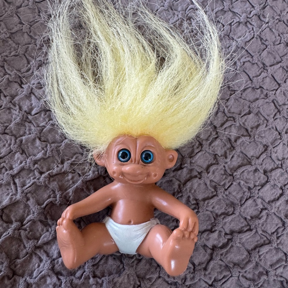 Vintage Baby Troll Doll with Yellow Hair, Blue eyes and diaper